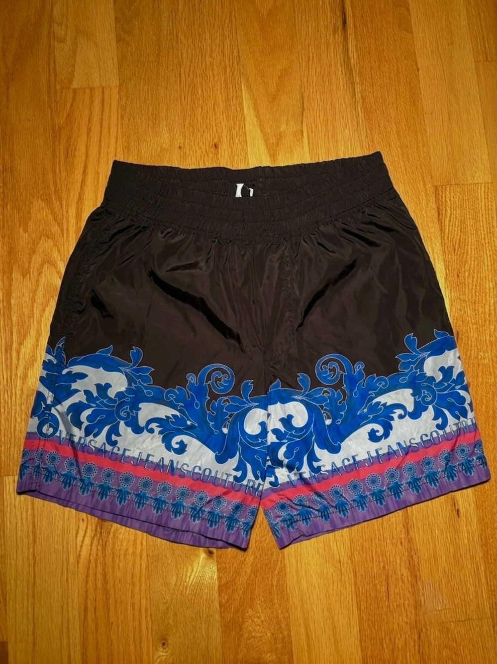 Versace Baroque Black Royal Blue Hibiscus Polyester Shorts